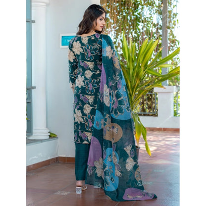 Generic Women's Cotton Blend Printed Kurti With Pant Dupatta Set (Rama)