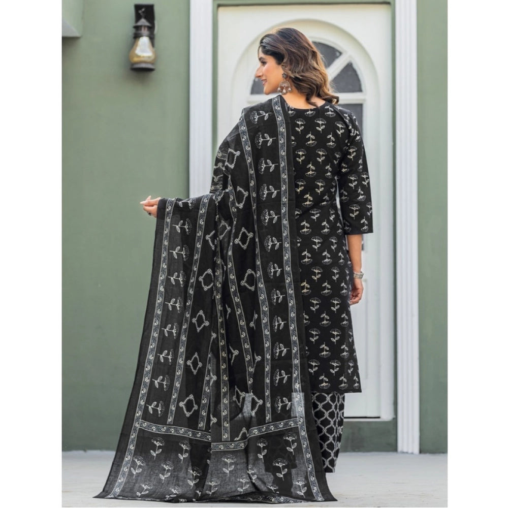 Generic Women's Cotton Blend Printed Kurti With Pant Dupatta Set (Black)