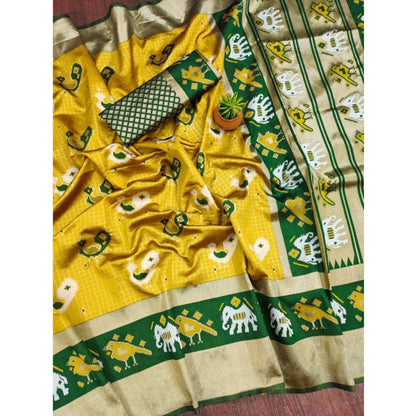 Generic Women's Soft Litchi Silk Jacquard Work Saree With Unstitched Blouse 5.5Mtr (Yellow-Green)