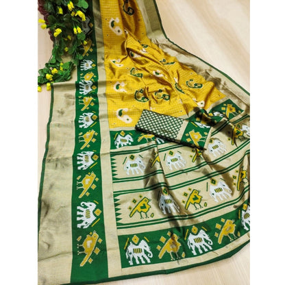Generic Women's Soft Litchi Silk Jacquard Work Saree With Unstitched Blouse 5.5Mtr (Yellow-Green)