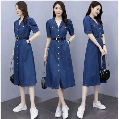 Generic Women's Casual Denim Half Sleeves Dress (Blue)
