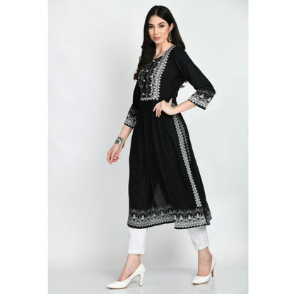 Generic Women's Casual Rayon 3-4th Sleeves Kurti (Black)