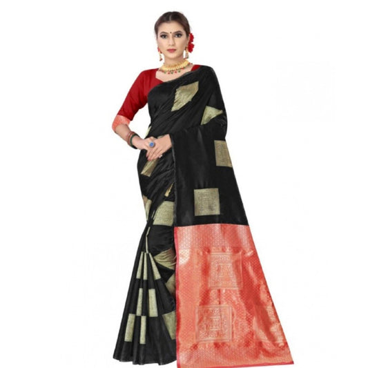Generic Women's Soft Lichi Silk Printed Saree With Unstitched Blouse 5.5Mtr (Black)