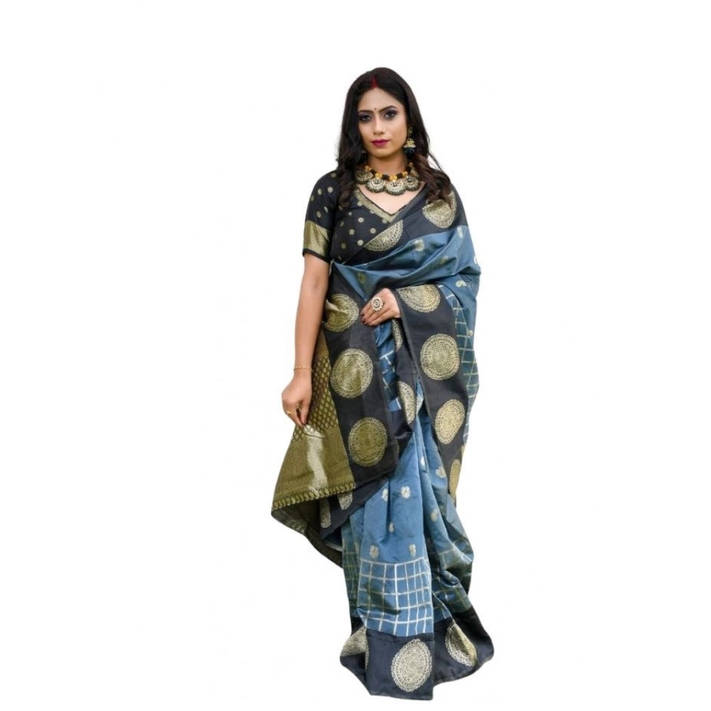 Generic Women's Soft Lichi Silk Printed Saree With Unstitched Blouse 5.5Mtr (Grey)