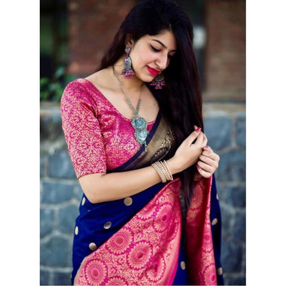 Generic Women's Soft Lichi Silk Printed Saree With Unstitched Blouse 5.5Mtr (Blue)