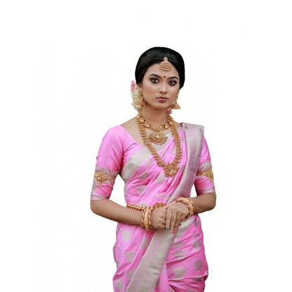 Generic Women's Soft Lichi Silk Printed Saree With Unstitched Blouse 5.5Mtr (Pink)
