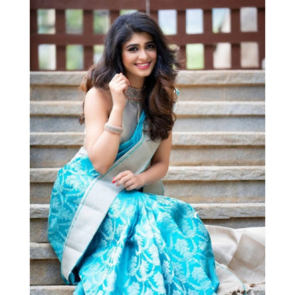 Generic Women's Soft Lichi Silk Printed Saree With Unstitched Blouse 5.5Mtr (Sky-Blue)