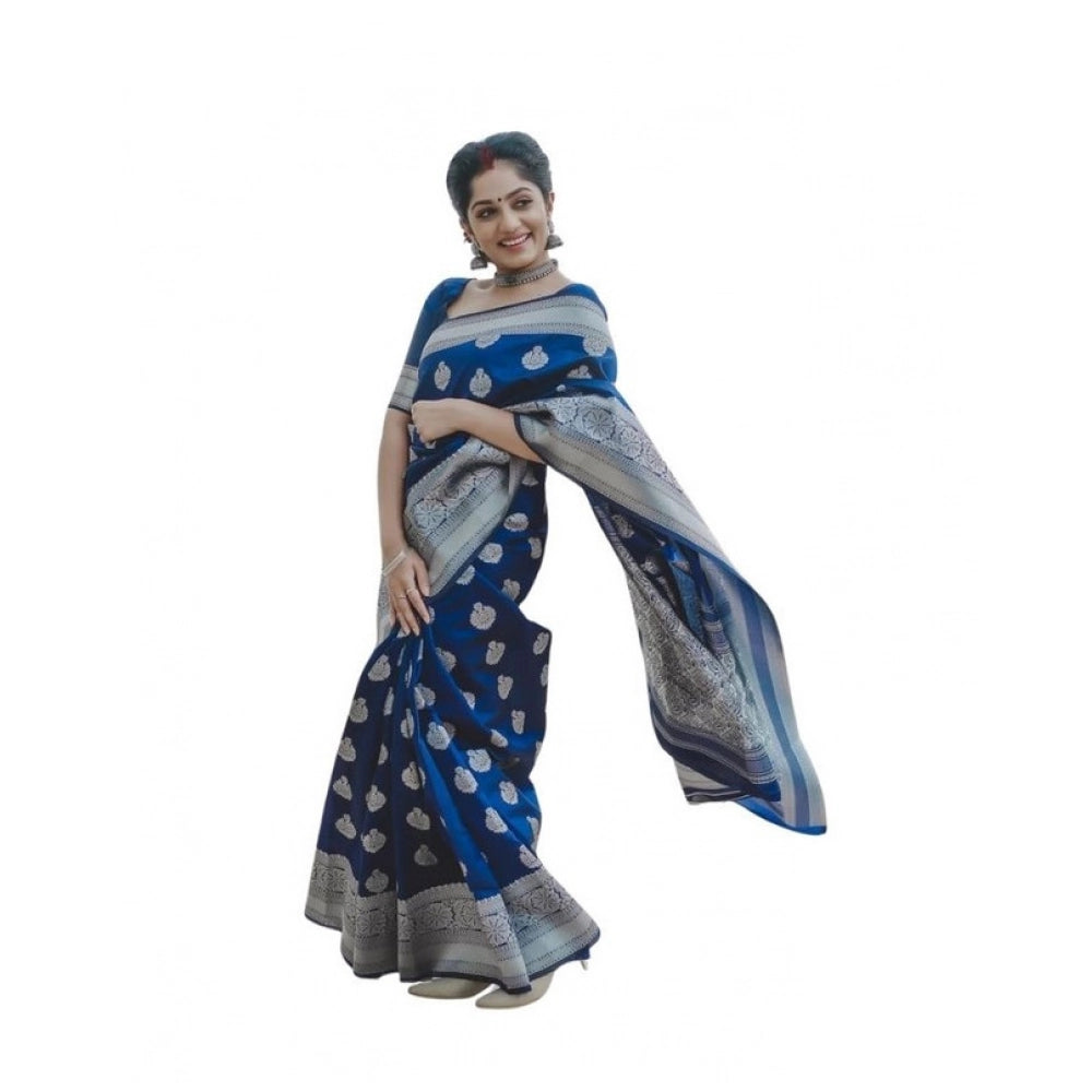 Generic Women's Soft Lichi Silk Printed Saree With Unstitched Blouse 5.5Mtr (Blue)