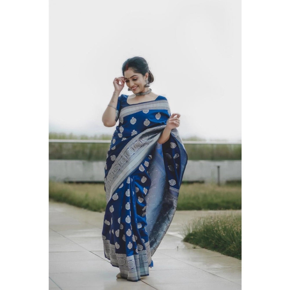Generic Women's Soft Lichi Silk Printed Saree With Unstitched Blouse 5.5Mtr (Blue)