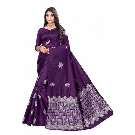 Generic Women's Soft Lichi Silk Printed Saree With Unstitched Blouse 5.5Mtr (Purple)