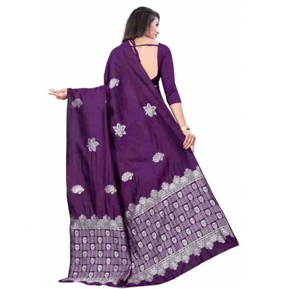Generic Women's Soft Lichi Silk Printed Saree With Unstitched Blouse 5.5Mtr (Purple)