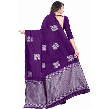 Generic Women's Soft Lichi Silk Printed Saree With Unstitched Blouse 5.5Mtr (Purple)