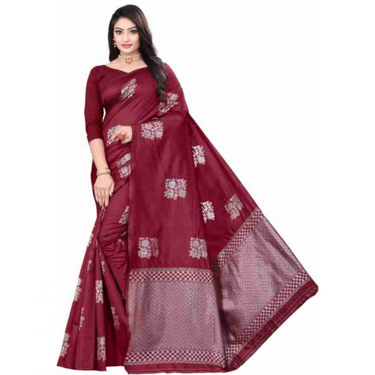 Generic Women's Soft Lichi Silk Printed Saree With Unstitched Blouse 5.5Mtr (Maroon)