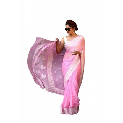 Generic Women's Soft Lichi Silk Printed Saree With Unstitched Blouse 5.5Mtr (Pink)
