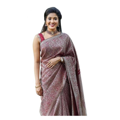 Generic Women's Soft Lichi Silk Printed Saree With Unstitched Blouse 5.5Mtr (Wine)