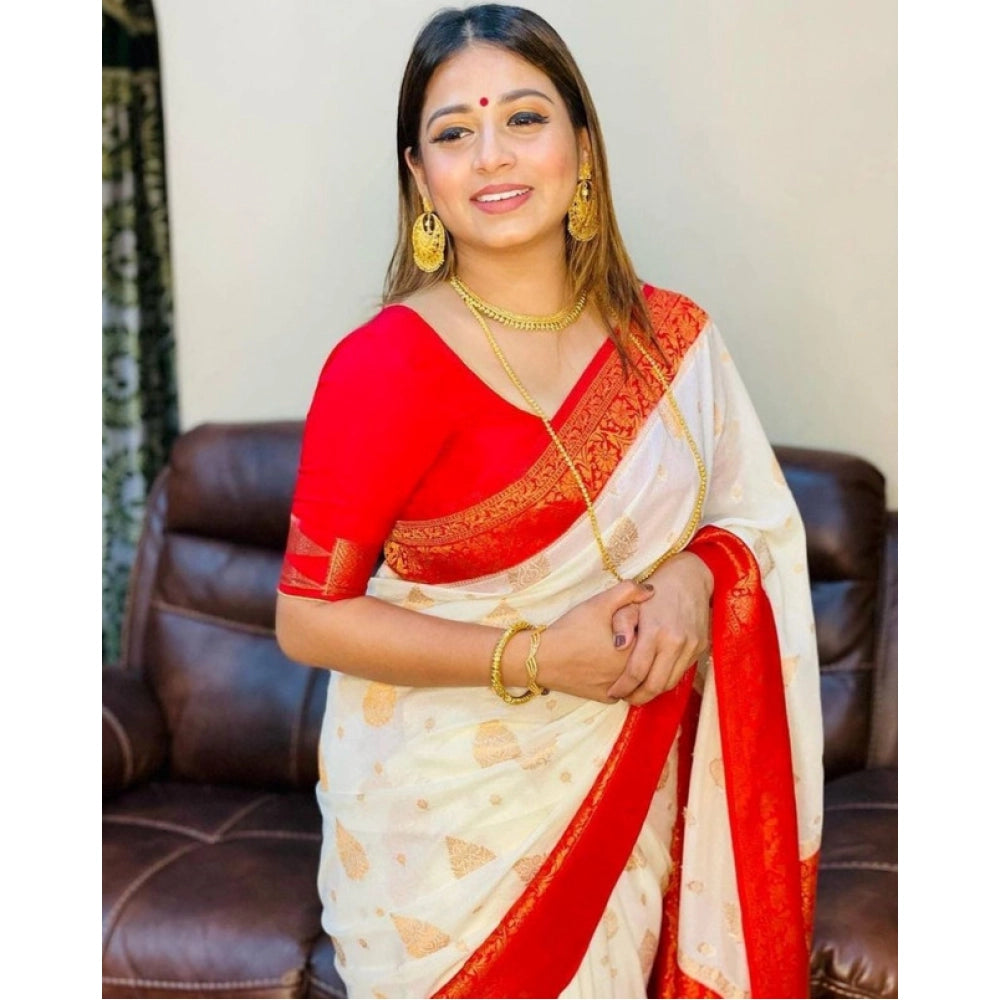 Generic Women's Soft Lichi Silk Printed Saree With Unstitched Blouse 5.5Mtr (White)