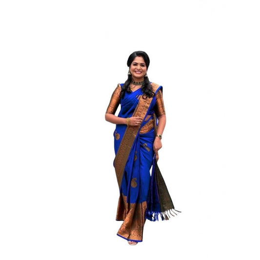 Generic Women's Soft Lichi Silk Printed Saree With Unstitched Blouse 5.5Mtr (Navy-Blue)