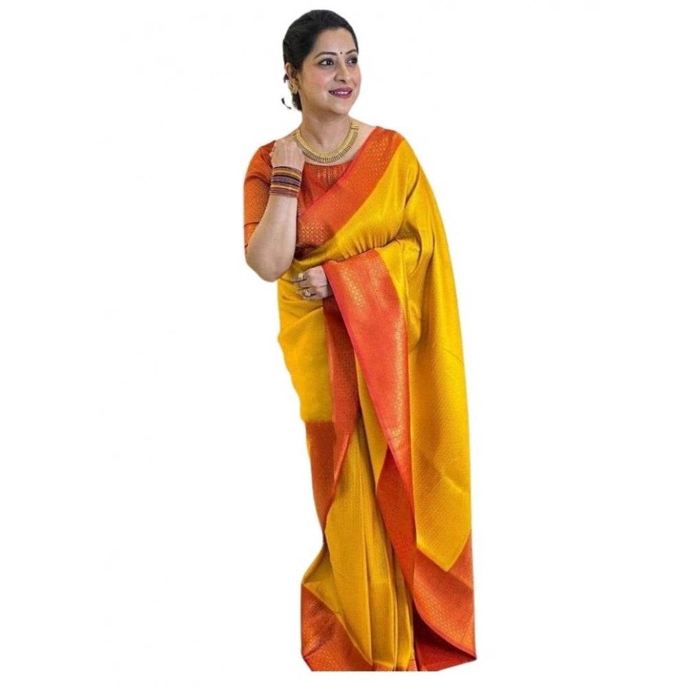 Generic Women's Soft Lichi Silk Printed Saree With Unstitched Blouse 5.5Mtr (Mustard )