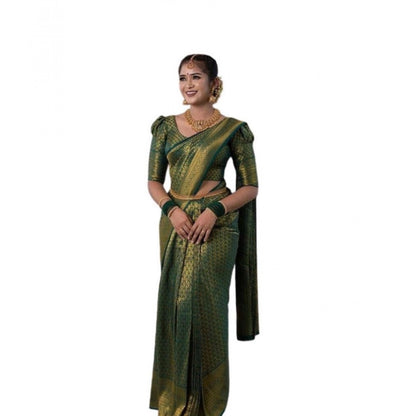 Generic Women's Soft Lichi Silk Printed Saree With Unstitched Blouse 5.5Mtr (Green)