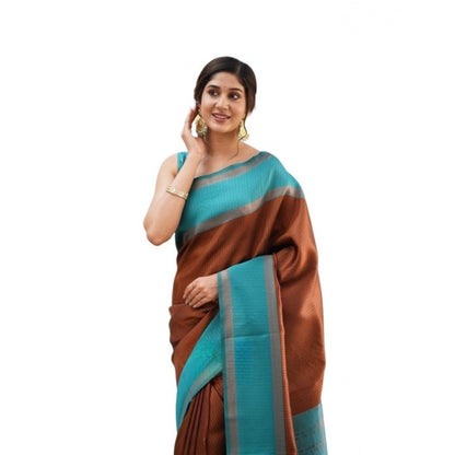 Generic Women's Soft Lichi Silk Printed Saree With Unstitched Blouse 5.5Mtr (Brown)