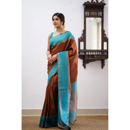Generic Women's Soft Lichi Silk Printed Saree With Unstitched Blouse 5.5Mtr (Brown)