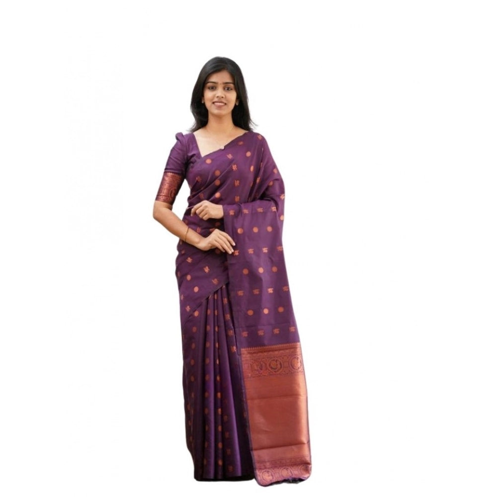 Generic Women's Soft Lichi Silk Printed Saree With Unstitched Blouse 5.5Mtr (Purple)