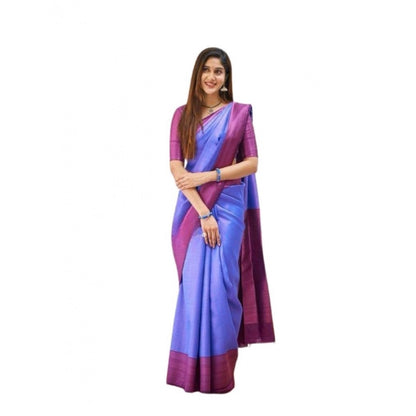 Generic Women's Soft Lichi Silk Printed Saree With Unstitched Blouse 5.5Mtr (Blue)
