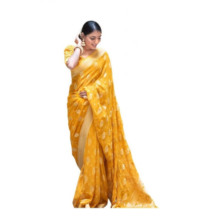 Generic Women's Soft Lichi Silk Printed Saree With Unstitched Blouse 5.5Mtr (Yellow)
