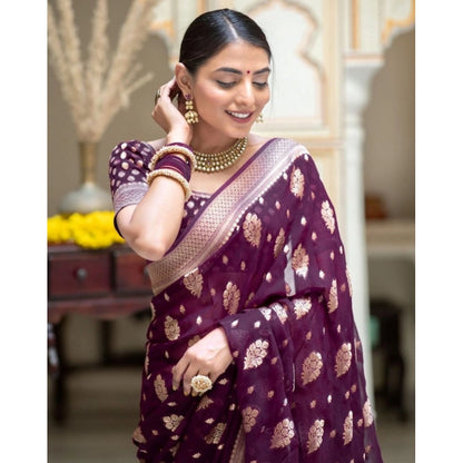 Generic Women's Soft Lichi Silk Printed Saree With Unstitched Blouse 5.5Mtr (Purple)