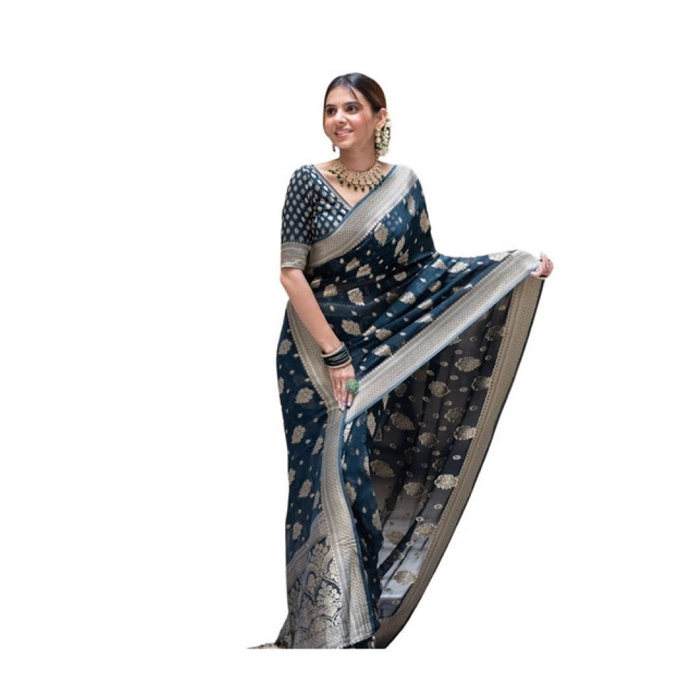 Generic Women's Soft Lichi Silk Printed Saree With Unstitched Blouse 5.5Mtr (Blue)