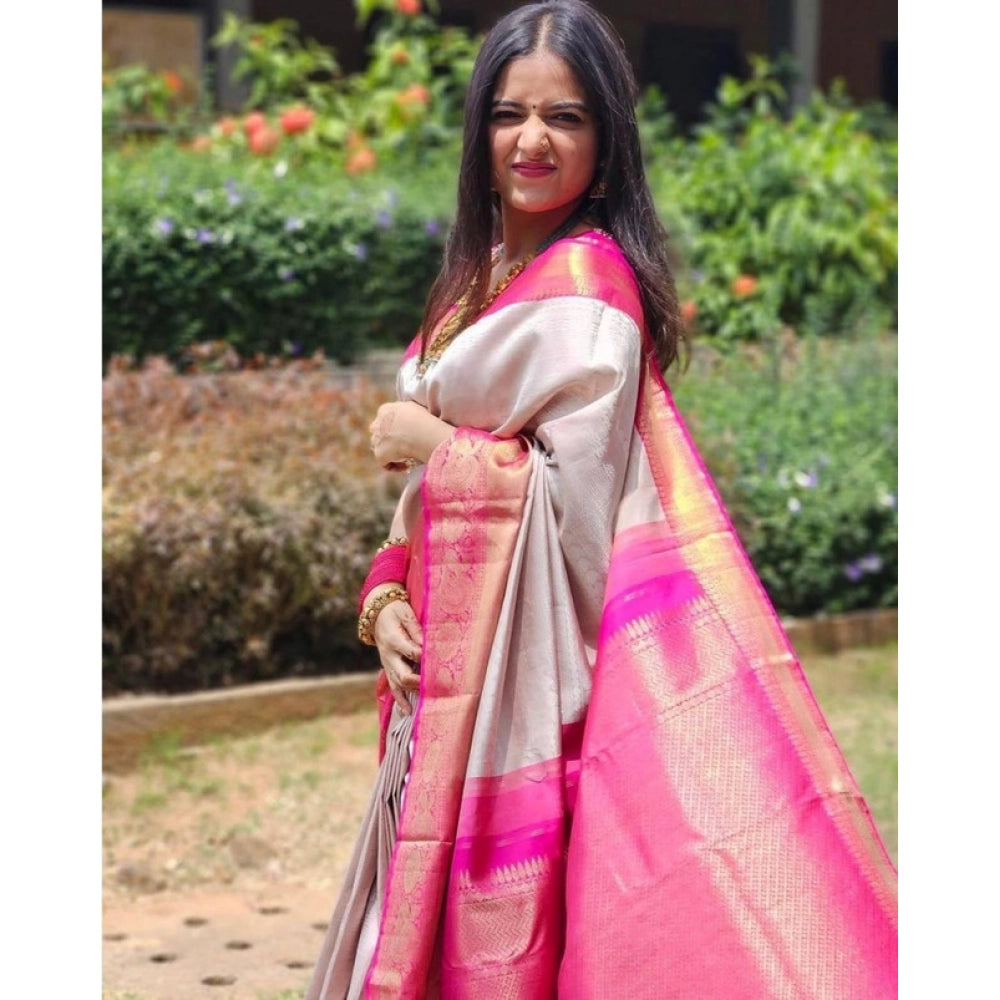 Generic Women's Soft Lichi Silk Printed Saree With Unstitched Blouse 5.5Mtr (Grey)
