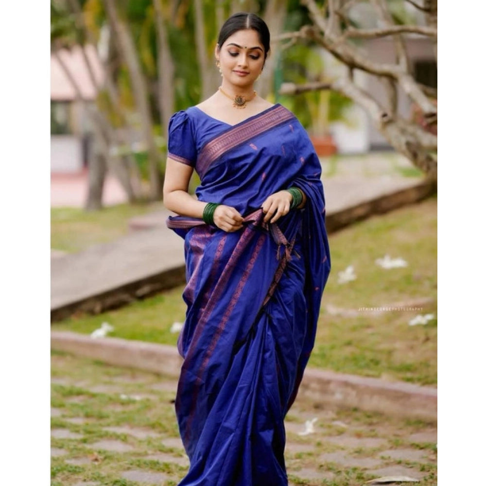 Generic Women's Soft Lichi Silk Printed Saree With Unstitched Blouse 5.5Mtr (Blue)