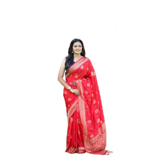 Generic Women's Soft Lichi Silk Printed Saree With Unstitched Blouse 5.5Mtr (Red)
