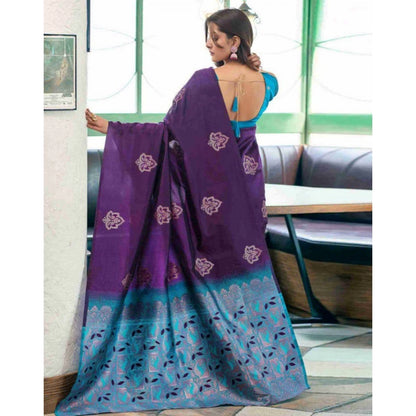 Generic Women's Soft Lichi Silk Printed Saree With Unstitched Blouse 5.5Mtr (Blue)