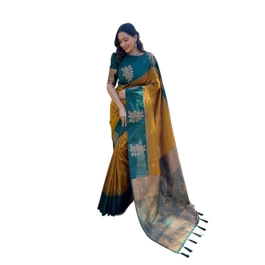 Generic Women's Soft Lichi Silk Printed Saree With Unstitched Blouse 5.5Mtr (Mustard )