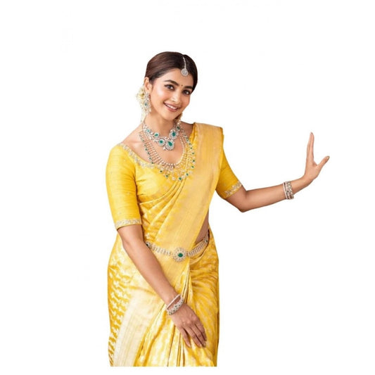 Generic Women's Soft Lichi Silk Printed Saree With Unstitched Blouse 5.5Mtr (Yellow)