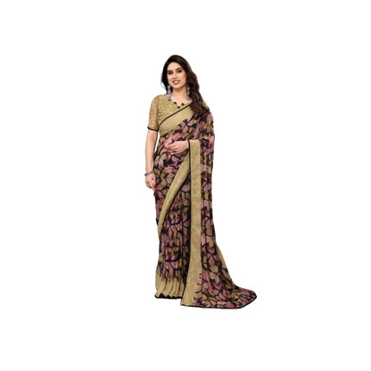 Generic Women's Chiffon Printed Saree With Unstitched Blouse 5.5Mtr (Beige)