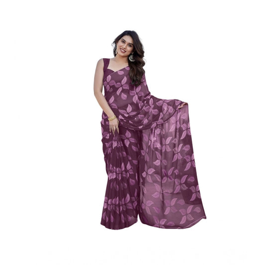 Generic Women's Chiffon Printed Saree With Unstitched Blouse 5.5Mtr (Purple)