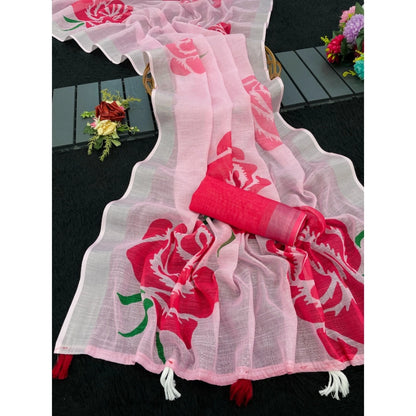 Generic Women's Linen Cotton  Printed Saree With Unstitched Blouse 5.5Mtr (Pink)