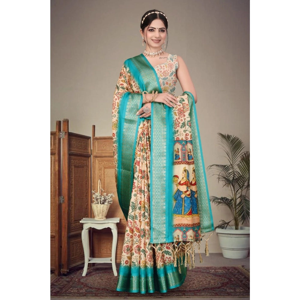 Generic Women's Cotton Silk  Printed Saree With Unstitched Blouse 5.5Mtr (Sky Blue)