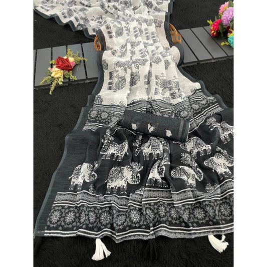 Generic Women's Linen Cotton Printed Saree With Unstitched Blouse 5.5Mtr (Black)