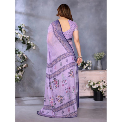 Generic Women's Linen Cotton  Printed Saree With Unstitched Blouse 5.5Mtr (Purple)