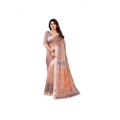 Generic Women's Linen Cotton  Printed Saree With Unstitched Blouse 5.5Mtr (Brown)