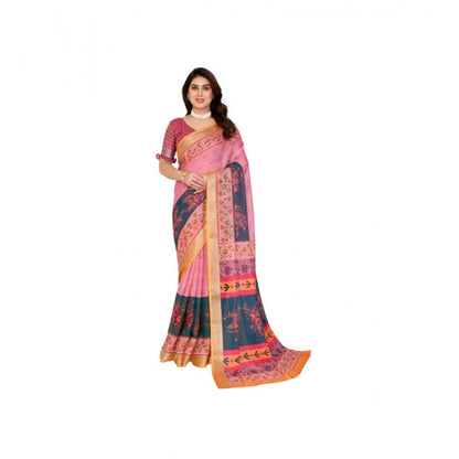 Generic Women's Linen Cotton  Printed Saree With Unstitched Blouse 5.5Mtr (Pink)