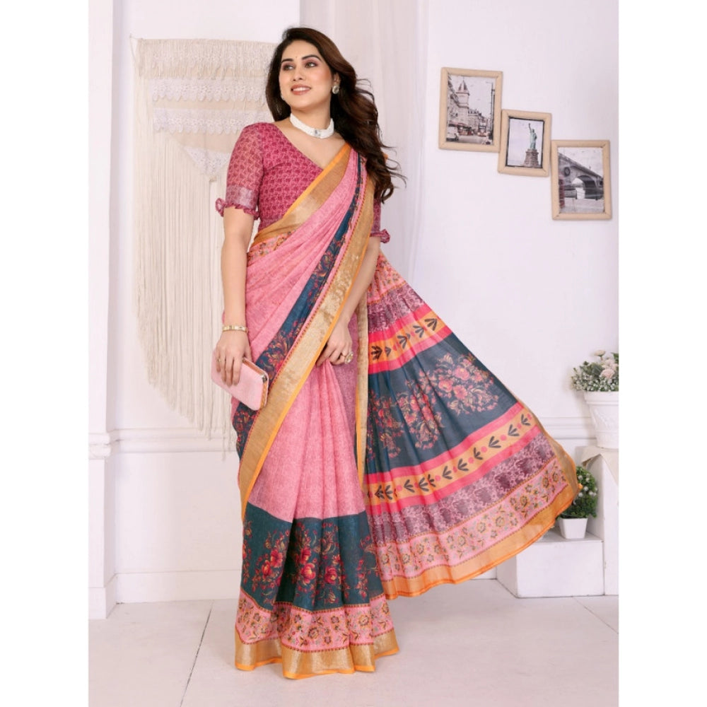 Generic Women's Linen Cotton  Printed Saree With Unstitched Blouse 5.5Mtr (Pink)