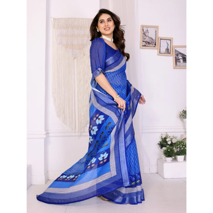 Generic Women's Linen Cotton  Printed Saree With Unstitched Blouse 5.5Mtr (Blue)
