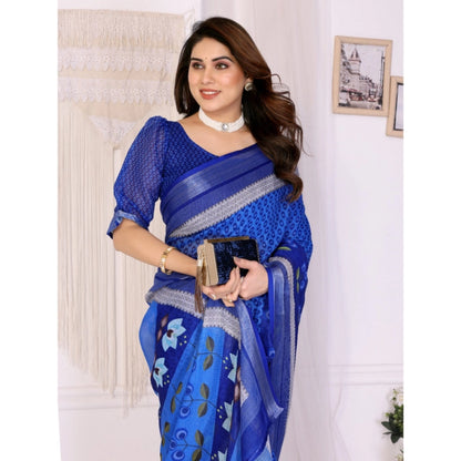 Generic Women's Linen Cotton  Printed Saree With Unstitched Blouse 5.5Mtr (Blue)