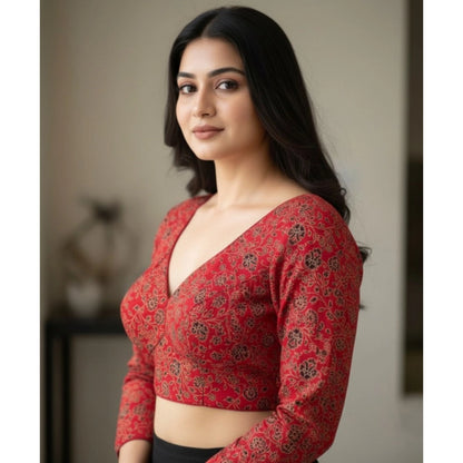Generic Women's Ajrakh Cotton Printed V-Neck Padded Blouse (Red 38 Ready (Self Alterable 36–40)