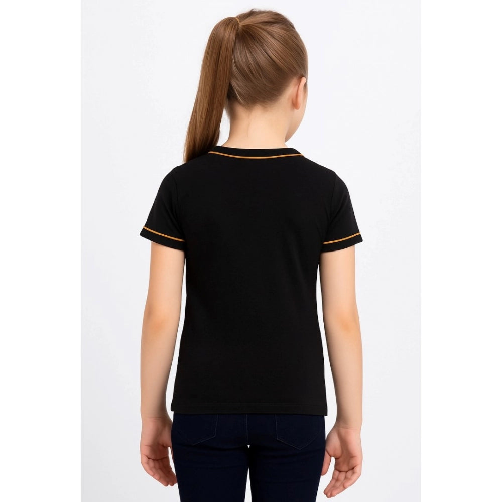 Generic Girl's Cotton Printeded Round Neck T-Shirt (Black)