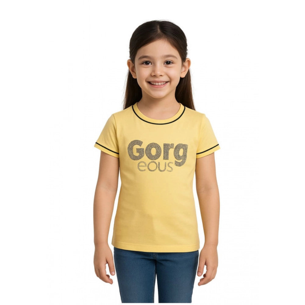 Generic Girl's Cotton Printeded Round Neck T-Shirt (Yellow)